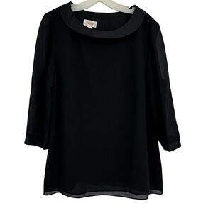 Talbots Black Semi Sheer Dressy Blouse Silk Collar Black 3/5 Sleeves Zip Size 16